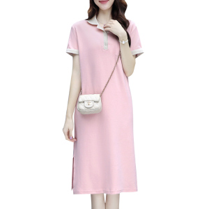 RM5857#Polo领中长款T恤裙大码女装大码连衣裙显白粉色开叉连衣裙女