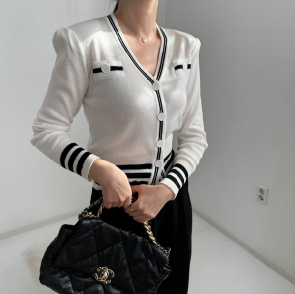 RM357#韩国东大门春季新款条纹拼色性感V领毛针织衫长袖开襟小外套