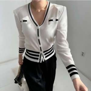 RM357#韩国东大门春季新款条纹拼色性感V领毛针织衫长袖开襟小外套