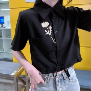 RM691#夏季新款短袖玫瑰花刺绣衬衫女设计感小众短款绑带上衣