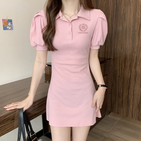 RM692#夏季新款甜辣风POLO领粉色连衣裙收腰显瘦泡泡袖T恤裙子