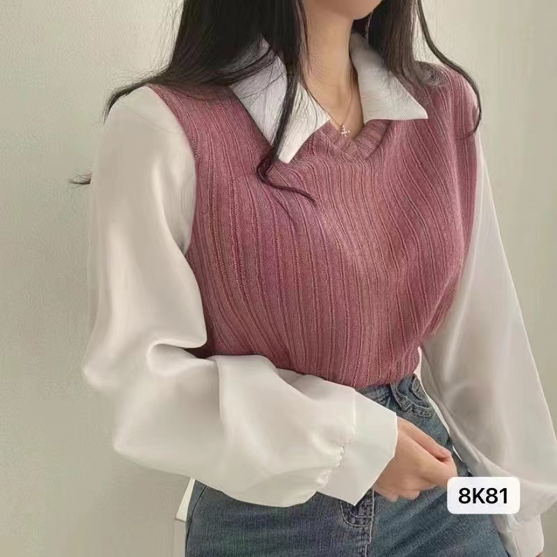 Korean chic autumn French shirt splicing lapel lantern sleeve fake two short knitted tops