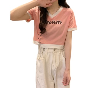 RM693#夏季新款短袖设计感V领绑带百搭短款T恤上衣女