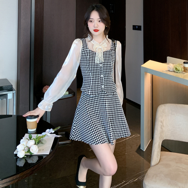 RM483#新款甜美蝴蝶结网纱拼接格子小个子短款套装裙