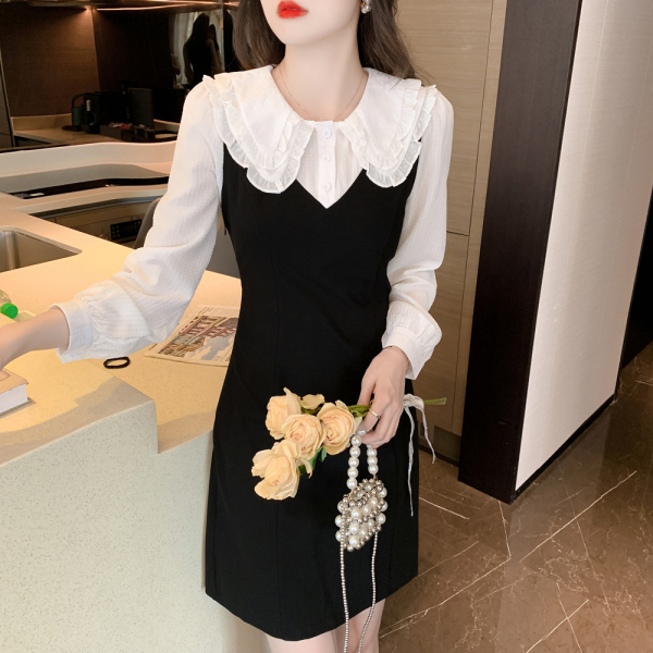 RM484#新款甜美减龄娃娃领荷叶边拼接修身显瘦短款连衣裙