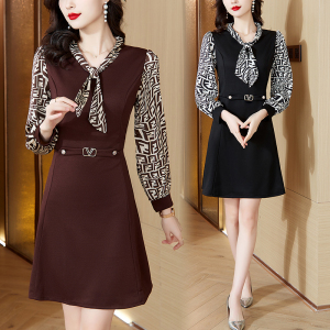 RM575#新款时尚气质显瘦蝴蝶结印花拼接连衣裙