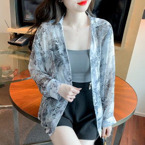 RM1392#夏季新款复古水墨印花雪纺显瘦防晒空调衣衬衫女