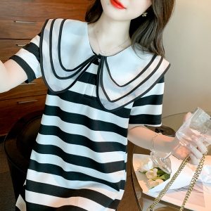 RM1393#新款韩版条纹连衣裙减龄设计感娃娃领中长款T恤女