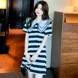 RM1393#新款韩版条纹连衣裙减龄设计感娃娃领中长款T恤女