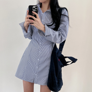 TR11465# 韩版竖条纹显瘦收腰连衣裙小个子衬衫裙 服装批发女装直播货源