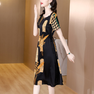 RM16612#真丝连衣裙女2023年夏季新款贵夫人复古印花气质裙桑蚕丝裙子