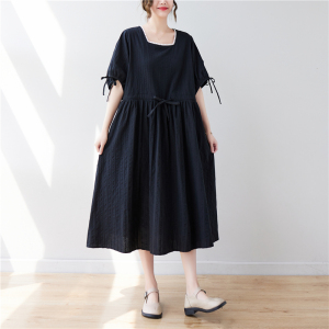 RM1194#夏季大码宽松气质方领黑色连衣裙
