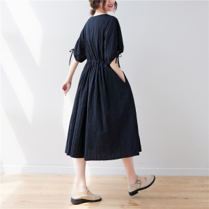 RM1194#夏季大码宽松气质方领黑色连衣裙