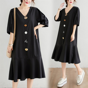 RM1195#夏季新款大码不规则扣子气质显瘦黑色连衣裙