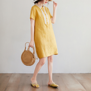 RM1196#夏季棉麻蕾丝拼接中长衬衣领连衣裙