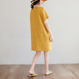 RM1196#夏季棉麻蕾丝拼接中长衬衣领连衣裙
