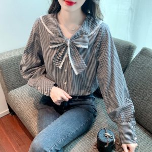 RM1279#新款韩版甜美设计感复古格子可拆卸娃娃领长袖衬衫