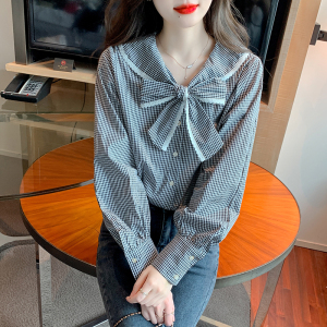 RM1279#新款韩版甜美设计感复古格子可拆卸娃娃领长袖衬衫