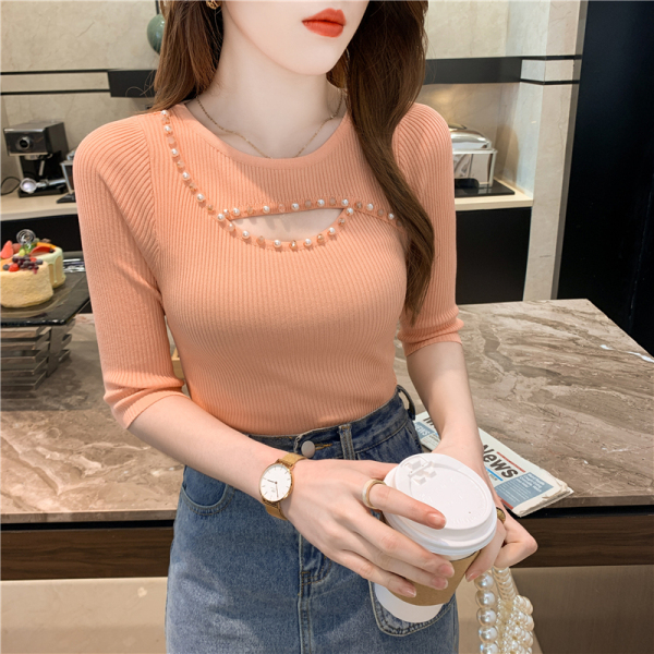 RM2915#夏季新款修身时尚重工手工串珠钻冰丝针织短袖T恤上衣女