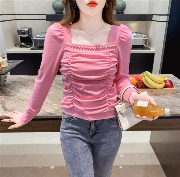 RM2916#新款褶皱方领上衣显瘦打底衫女装长袖T恤