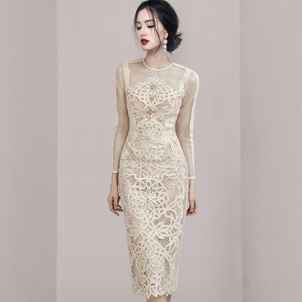 RM5417#新款长袖气质小众蕾丝水融花修身包臀时尚连衣裙女