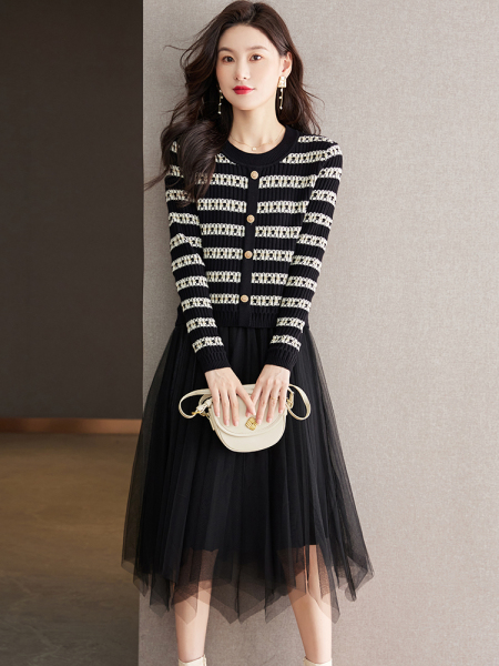 RM2005#小香风羊毛针织假两件连衣裙秋季新款今年流行的网纱裙子