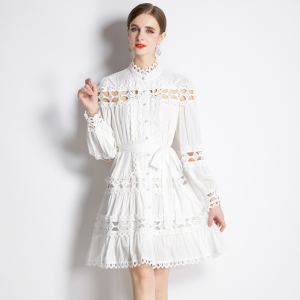 RM4054#春装新款宫廷风立领镂空单排扣连衣裙