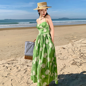 TR11990# 沙滩裙细肩带高个子加长收腰版绿色吊带连衣裙女夏 服装批发女装服饰货源