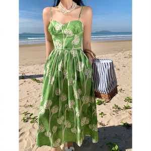 TR11990# 沙滩裙细肩带高个子加长收腰版绿色吊带连衣裙女夏 服装批发女装服饰货源