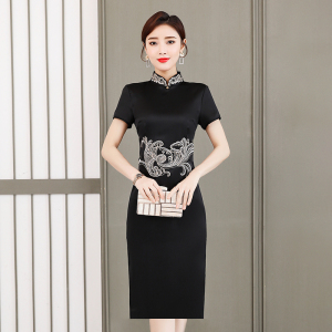 RM3276#夏季旗袍改良连衣裙中国风复古气质高端刺绣年轻长款黑色显瘦