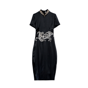 RM3276#夏季旗袍改良连衣裙中国风复古气质高端刺绣年轻长款黑色显瘦