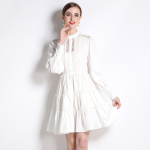 RM4055#澳洲时尚气质立领灯笼袖镂空花高腰名媛连衣裙