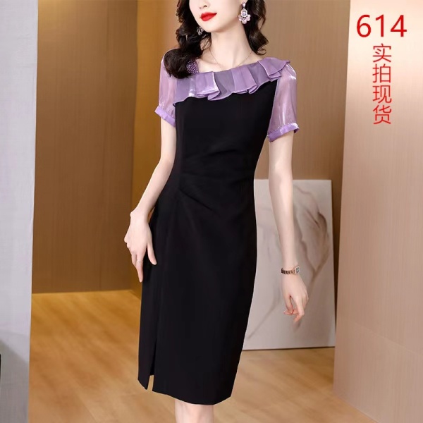 RM1474#法式连衣裙女短袖夏装高级感设计感小众气质斜领开叉包臀裙