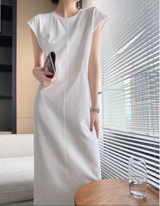 RY1684#白色小众设计感圆领短袖t恤连衣裙女2023夏季新款洋气遮肉ins
