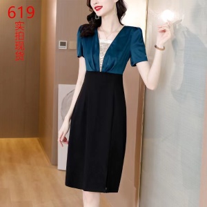 RM1480#醋酸拼接连衣裙小众设计2023新款夏季高端气质短袖包臀裙子女士