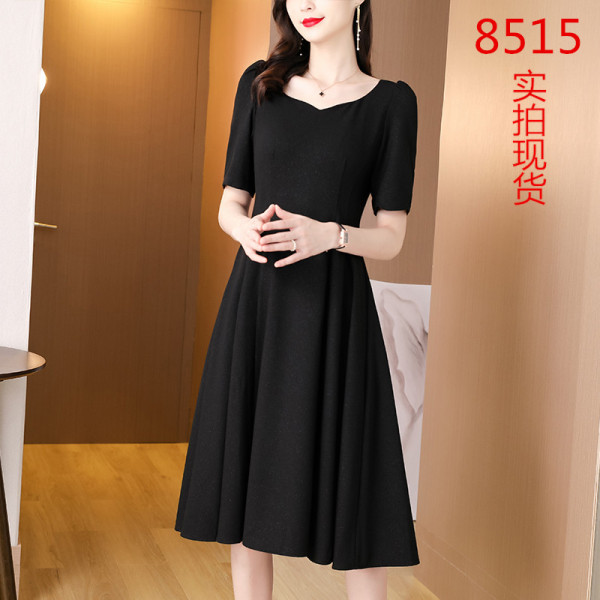 RM1482#法式方领连衣裙女2023春夏装新款优雅泡泡袖黑色大摆裙子