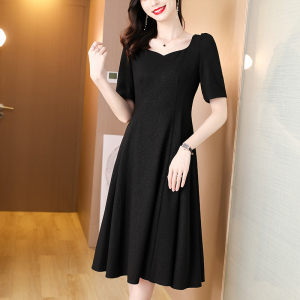 RM1482#法式方领连衣裙女2023春夏装新款优雅泡泡袖黑色大摆裙子