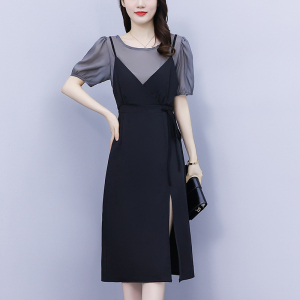 RM1452#夏季新款胖mm遮肉显瘦假两件圆领短袖裙摆开叉洋气连衣裙