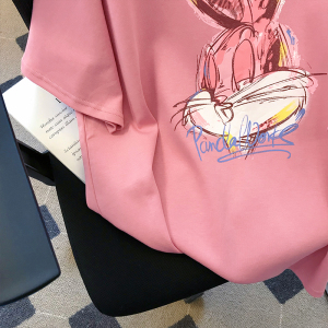 RM996#棉后包条螺纹领 新款纯棉短袖t恤女印花抖音质量