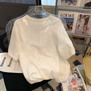 RM984#棉后包条螺纹领 新款纯棉短袖t恤女印花抖音质量