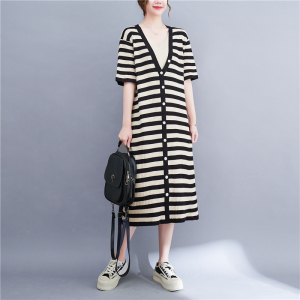 RM1201#夏季新款大码条纹针织短袖连衣裙