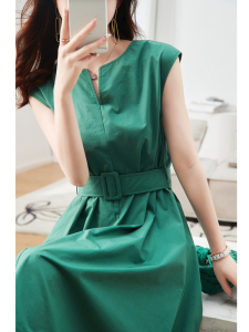 RM2993#无袖v领连衣裙女夏季新款系带收腰通勤宽松休闲粉色显瘦裙