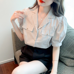 RM1395#新款韩版条纹衬衫设计感小众时尚泡泡袖西服领短袖女