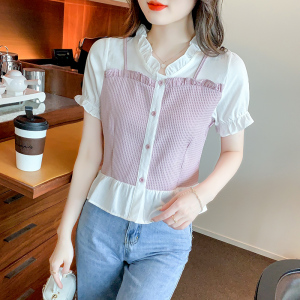 RM1396#新款夏季设计感小众甜美法式拼接假两件短袖衬衫女