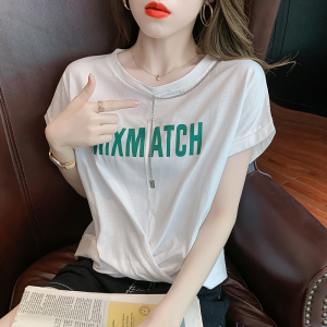 RM1397#新款韩版时尚印花百搭显瘦交叉不规则短袖圆领女T恤