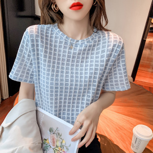 RM1398#新款夏季韩版圆领格子百搭显瘦短袖T恤打底衫女