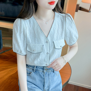RM1400#新款韩版夏季小香风露锁骨设计感小众气质短袖衬衣女