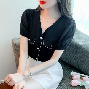 RM1400#新款韩版夏季小香风露锁骨设计感小众气质短袖衬衣女