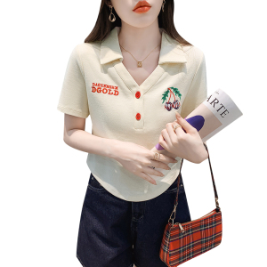 RM1224#短袖t恤女夏2023新款韩版字母刺绣小个子polo领上衣