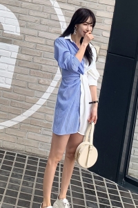 TR12601# 春夏新款韩版时尚气质优雅显瘦条纹拼接衬衫连衣裙 服装批发女装服饰货源